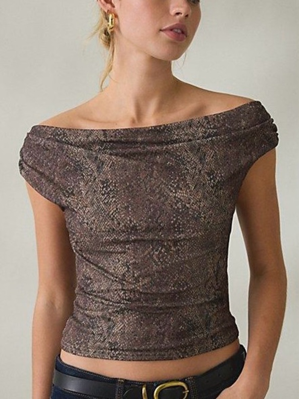 Urban Outfitters Fia Off-Shoulder Brown Snake-Print Top